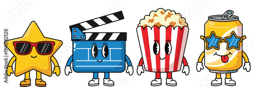 Cute Cinema Mascot Character Vector Set with Star, Clapperboard, Popcorn Bucket, and Soda Can Cartoon Icons for Movie Theater Entertainment Design