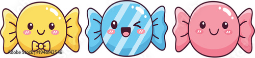 Cute Kawaii Candy Character Vector Set with Smiling Sweet Mascots, Colorful Wrapped Candies and Adorable Cartoon Confectionery for Kids Design and Sticker Collection
