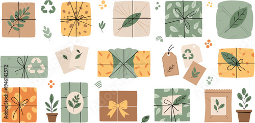 Eco Friendly Gift Box Vector Set with Recycled Packaging, Botanical Leaves Decoration, Sustainable Present Wrapping and Green Holiday Gift Illustration Collection