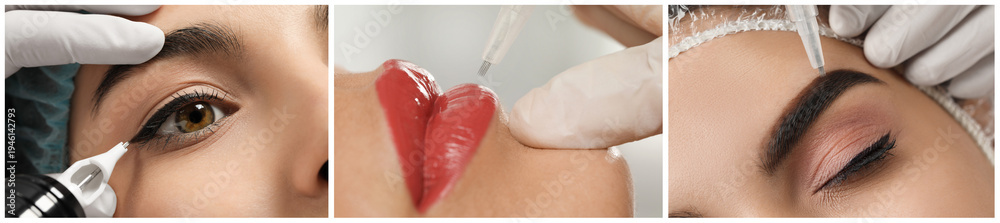 Fototapeta premium Permanent makeup. Collage with photos of woman during procedure