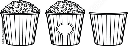 Popcorn Bucket Outline Vector Set with Empty and Full Movie Theater Snack Containers Line Art Illustration for Cinema, Fast Food, and Entertainment Designs