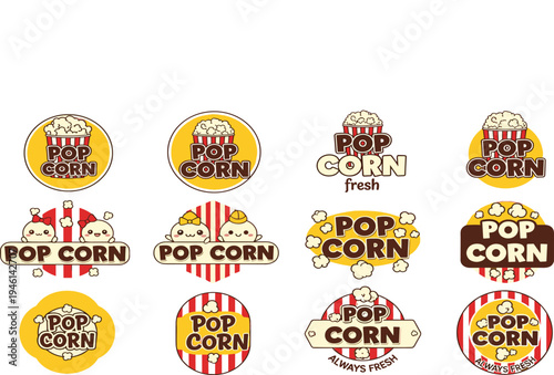 Popcorn Logo and Badge Vector Set with Vintage Cinema Snack Labels, Movie Theater Emblems, and Retro Popcorn Branding Designs