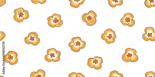 Popcorn Seamless Pattern Vector with Cartoon Popped Corn Snack Background for Cinema Theme, Movie Night Design, Wrapping Paper, and Food Packaging