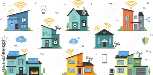 Smart Home Technology Icon Set with Modern Houses Featuring WiFi Signals, Solar Panels, Security Cameras, Cloud Connectivity, and Home Automation Systems