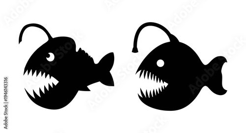 Anglerfish vector illustration: deep sea fish, bioluminescent lure, predatory fish silhouette art design