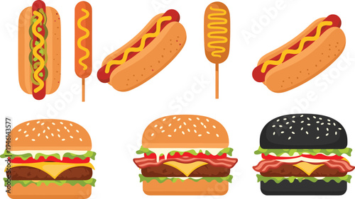 Vector illustration set of fast food including delicious beef burgers, black sesame bun hamburger, hot dogs with mustard, and corn dogs isolated on white background.