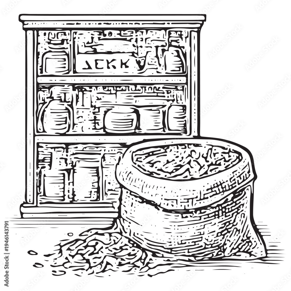 Fototapeta premium Vintage Herbal Apothecary Cabinet With Herb Sack Illustration Natural Medicine Storage
