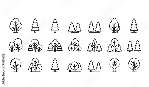 Modern tree and forest line icon collection with deciduous and conifer trees minimal outline vector set