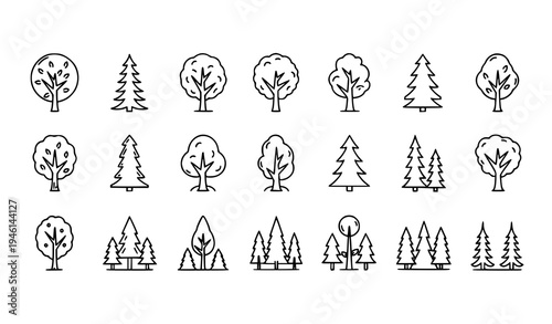 Tree and forest line icon pack with deciduous and coniferous trees modern outline vector collection for web and app design