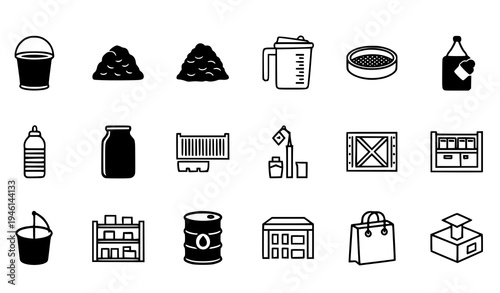 Minimal solid vector icon collection of warehouse shipping cargo container package barrel shelving and storage items