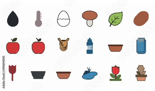 Minimal solid vector icon set with oil thermometer egg mushroom potato apple leaf diet water bottle tulip mortar pond and plant