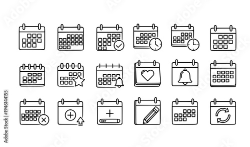 Black outline calendar icon set with date planner reminder event and schedule symbols vector collection