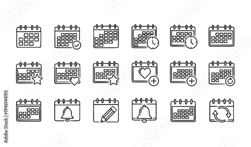 Calendar outline icon set with reminder event schedule date and planner symbols black line vector collection