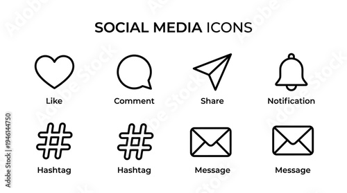 A collection of social media icons featuring like, comment, share, notification, hashtag, and message symbols for digital platforms