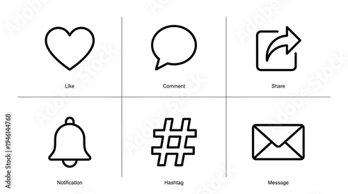 Social media icons for engagement like, comment, share, notification, hashtag, and message in outline style