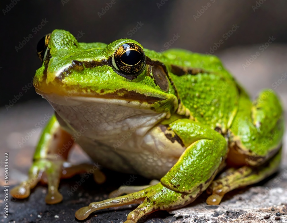 Fototapeta premium Vibrant Green Frog Posing on a Textured Surface, Close-Up.
