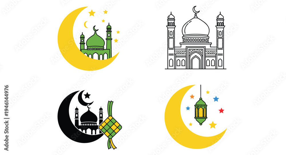 Obraz premium Icon Set Happy Eid Mubarak Al Fitr FLat Minimalist Design Illustration