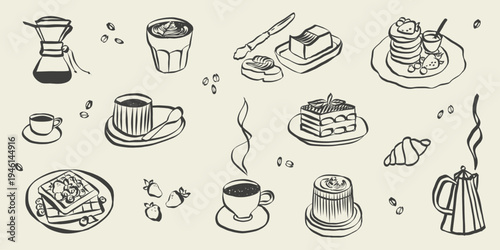 Whimsical coffee and breakfast doodles. Italian food with la dolce vita aesthetic in simple crayon and sketch style. Trendy art for menus and dinner brunch invitations. Engraving vector illustration