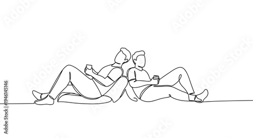 Stroke outline illustration of two people lying together in a cozy, intimate pose, on a transparent background, conveying love and connection with simple lines.