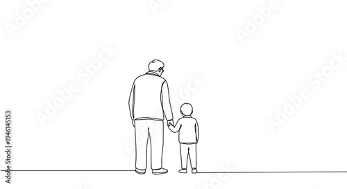 Stroke outline illustration of a man and a boy holding hands while walking together in a serene setting on a transparent background.