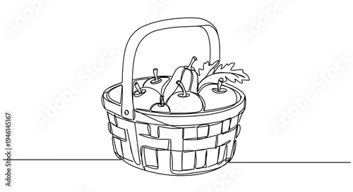 Stroke outline illustration of a wicker basket filled with fruits and vegetables on a transparent background