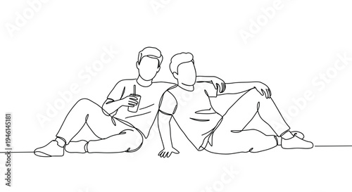 Stroke outline illustration of two people sitting on the floor with relaxed poses, one person holding a drink, isolated on transparent background