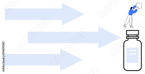 Healthcare innovation. Healthcare advancements through arrows progress, a vaccine bottle solutions, and a person striving for medical breakthroughs. For medical research, innovation, vaccination