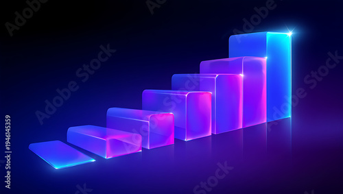 A futuristic neon lit bar chart or graph with glowing purple and blue bars on a dark background with reflections