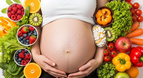 Healthy food and prenatal vitamins arranged around pregnant belly, maternal nutrition and healthy pregnancy concept, Isolated on White background