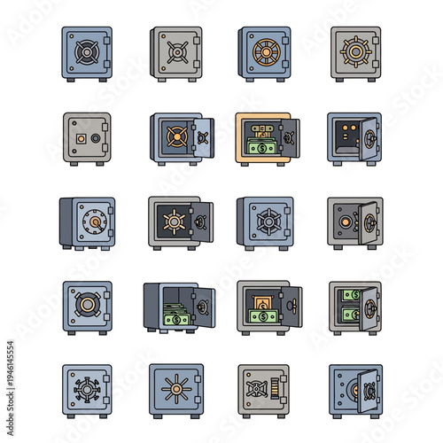 Set of colorful vector icons depicting bank safes vault boxes and security lockers in closed and open positions