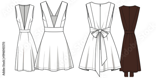 Fashion illustration of sleeveless dress with V-neckline, pleated skirt, decorative bow, technical flat and colored garment design