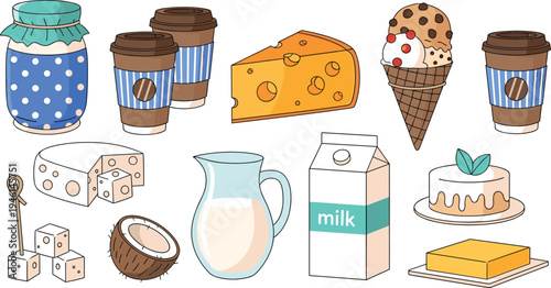 Vector illustration set of dairy products including milk carton, cheese wedges, ice cream cone, coffee cups, butter, and coconut isolated on white background for design.