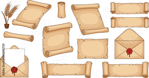 Vector illustration set of ancient parchment scrolls, vintage paper banners, and envelopes with red wax seals isolated on white background for medieval history design concepts.
