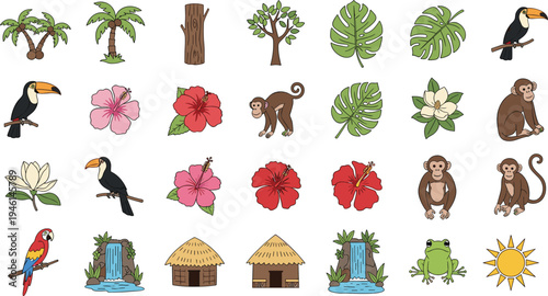 Tropical Jungle Collection Set Featuring Monkey Toucan Parrot Frog Palm Trees Hibiscus Flowers Monstera Leaves Waterfall And Tribal Hut Isolated On White Background For Design