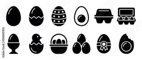 Black egg and poultry related icon set featuring a hatching chick, decorated Easter eggs, a basket, a carton, a boiled egg, and a cracked shell in a minimalist glyph style