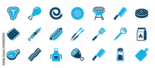 Collection of blue barbecue and grilling icons featuring steak, sausage, ribs, and kitchen tools like a spatula and tongs, presented in a clean, minimalist graphic vector style