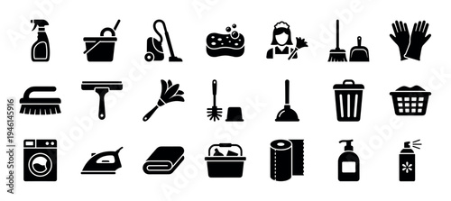 Black cleaning service and housekeeping icons set showing various domestic tools and equipment for chores like washing, tidying, and sanitizing in a simple glyph style collection