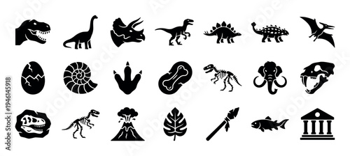 Large collection of black silhouette icons representing dinosaurs, prehistoric animals, fossils, and paleontology symbols like a volcano, museum, and ammonite shell