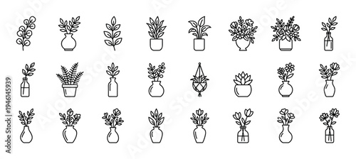 Large set of plant and flower line icons showing various botanical elements in vases, pots, and bottles, illustrated in a simple, minimalist black and white vector style