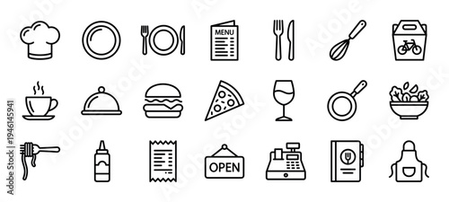 Set of black line art icons for food, restaurants, and cooking, including a chef hat, menu, pizza, burger, and coffee cup in a minimalist vector style illustration