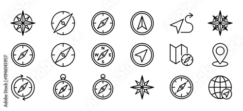 Collection of black line art icons representing navigation, direction, and location with various compass, arrow, map, and globe symbols for user interface design and travel concepts