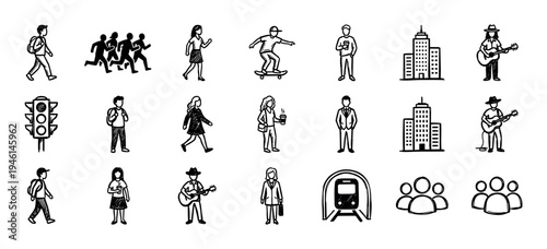 Hand-drawn black and white city life icons set featuring people walking, a musician, buildings, and a subway train in a simple doodle sketch style for urban concepts