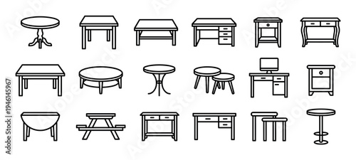 Furniture line icons set showing various tables, desks, nightstands, and other household items in a simple minimalist outline style for graphic design and web interface elements