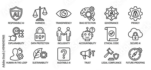 Responsible AI principles icon set illustrating fairness, transparency, privacy, and data protection in a minimalist black line art style for technology concepts
