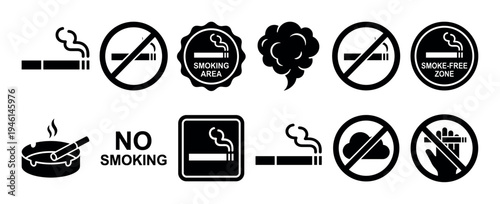 Set of black vector icons for smoking regulations, including no smoking signs, designated smoking area labels, smoke-free zone symbols, and cigarette pictograms