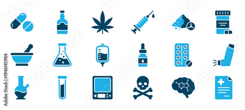 Collection of blue two-tone icons representing drugs, medicine, addiction, and science, featuring pills, cannabis, a syringe, a skull, and laboratory equipment