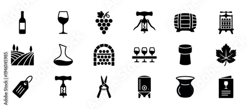 Set of black solid glyph icons for wine and winemaking, featuring a bottle, glass, grapes, corkscrew, barrel, vineyard, decanter, and other related viticulture symbols