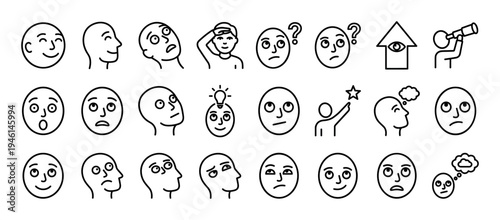 Diverse black outline human head icons illustrate various emotions, thoughts, and actions in a clean, minimalist linear style, conveying a wide range of human experiences