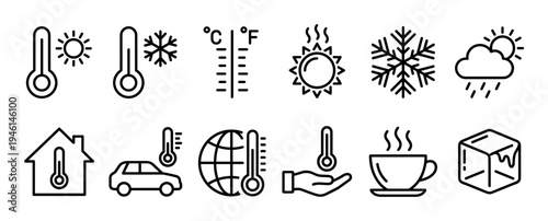 Collection of black outline weather icons showing temperature concepts like hot and cold with a thermometer, sun, snowflake, ice cube, and hot drink in a minimalist style