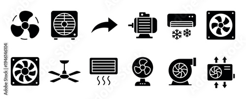 Set of black glyph icons representing ventilation, air conditioning, and heating systems, including various fans, motors, blowers, and coolers for climate control concepts